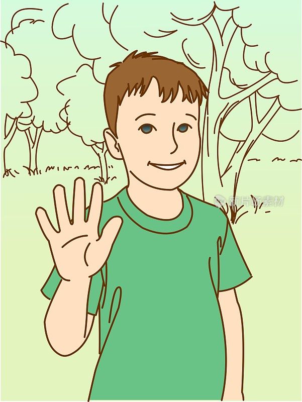 high five! A smiling boy shows an open palm.
